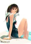  1girl :o arm_support bangs bare_arms bare_legs bare_shoulders barefoot black_swimsuit blush breasts brown_eyes brown_hair commentary_request from_side hair_between_eyes koutaro long_hair looking_at_viewer looking_to_the_side medium_breasts one-piece_swimsuit original parted_lips solo swimsuit towel towel_around_neck twitter_username water wet wet_hair 