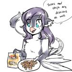  anthro birddi blue_eyes chips_(food) digital_media_(artwork) english_text feathers female food glacierclear grey_body grey_feathers hair hi_res looking_down simple_background solo tail_tuft text tuft 