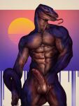  2022 abs anthro balls biped blue_body claws digital_media_(artwork) erection finger_claws forked_tongue genitals hi_res humanoid_genitalia humanoid_penis long_tongue looking_at_viewer male mikaemikae pecs penis reptile scalie solo tan_body tongue tongue_out yellow_eyes 