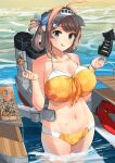  1girl :q bangs bikini blue_eyes blush bracelet breasts brown_hair chougei_(kancolle) cleavage commentary_request enemy_lifebuoy_(kancolle) food fried_squid hair_ornament hair_rings hat highres holding holding_food huge_breasts jewelry kantai_collection looking_at_viewer orange_bikini osananajimi_neko outdoors rigging solo standing sunglasses swimsuit takoyaki tongue tongue_out visor_cap wading water 