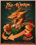  2020 advertisement anthro burger english_text food hi_res male necktie open_mouth sergal solo text vintage vinyanko 