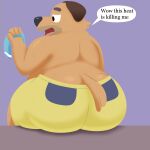  2022 absurd_res anthro belly big_belly big_butt bluey_(series) bottomwear brown_body butt canid canine canis clothing colossalstars dialogue domestic_dog english_text hi_res male mammal overweight overweight_male shorts sitting solo sparky_(bluey) text 