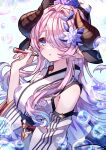  1girl bare_shoulders blue_eyes breasts bubble bubble_blowing commentary_request draph flower granblue_fantasy hair_flower hair_ornament hair_over_one_eye highres horns japanese_clothes kimono large_breasts long_hair narmaya_(granblue_fantasy) pointy_ears purple_flower purple_hair purple_nails solo white_kimono yoake yukata 
