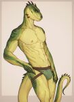  2022 anthro biped blue_eyes claws clothing digital_media_(artwork) finger_claws green_body hi_res jockstrap jockstrap_only male mikaemikae navel nipples pecs reptile scalie simple_background smile smiling_at_viewer solo underwear white_background yellow_body 