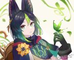  1boy animal_ear_fluff animal_ears black_gloves black_hair bug butterfly earrings flower fox_boy fox_ears genshin_impact gloves green_eyes green_hair highres jewelry looking_at_viewer male_focus medal medium_hair multicolored_hair okkobc parted_lips short_sleeves single_earring streaked_hair tassel tighnari_(genshin_impact) yellow_flower 