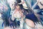  1girl albedo_(overlord) bangs black_feathers black_hair black_wings breasts cowboy_shot day demon_girl demon_horns demon_wings detached_collar dress feathered_wings feathers floating_hair gloves hip_vent horns kappo large_breasts layered_gloves long_hair looking_at_viewer low_wings open_mouth overlord_(maruyama) sky sleeveless smile solo standing white_dress white_gloves white_horns wings yellow_eyes 