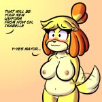  2019 animal_crossing anthro big_breasts blush breasts canid canine canis dialogue domestic_dog english_text female forced forced_exposure genitals hands_behind_back hi_res isabelle_(animal_crossing) mammal nervous nintendo nipples offscreen_character oz_the_freak pussy shih_tzu slightly_chubby solo tail_motion tailwag text toy_dog video_games wavy_mouth 