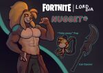  abs absurd_res anthro axe backpack brown_body brown_fur canid canine canis clothing crop_top diadorin domestic_dog epic_games fangs floppy_ears fortnite fur grey_background hi_res male mammal melee_weapon muscle_tone muscular muscular_anthro muscular_male nugget_(diadorin) open_mouth open_smile orange_sclera pecs shirt simple_background smile solo topwear video_games weapon wide_eyed 