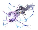 1girl absurdly_long_hair arisu_(blue_archive) bangs black_hair black_hairband blue_archive blue_eyes bright_pupils einheadt full_body hairband highres holding holding_weapon jacket long_hair looking_ahead multicolored_clothes multicolored_jacket one_side_up open_mouth pleated_skirt railgun ringed_eyes serious simple_background skirt solo standing teeth upper_teeth very_long_hair weapon white_background white_pupils 