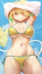  +_+ 1girl absurdres bikini blonde_hair blue_eyes blue_hair bombergirl breasts colored_tips fuse fuse_tail hesoten highres large_breasts multicolored_hair oppai_loli pine_(bombergirl) short_hair side-tie_bikini solo swimsuit twintails two-tone_hair yellow_bikini yellow_pupils 