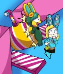  2022 absurd_res animal_crossing anthro blonde_hair bodysuit bottomwear clothing detailed_background digital_drawing_(artwork) digital_media_(artwork) duo eyelashes eyeshadow fall_guys female francine_(animal_crossing) fur green_hair hair hammer hi_res hoodie lagomorph leporid long_ears makeup male mammal nintendo rabbit short_hair simple_eyes skinsuit skirt smile someth1ngoranother tight_clothing toby_(animal_crossing) tools topwear video_games white_body white_fur yellow_body yellow_fur 