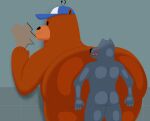  2022 absurd_res anthro bear_and_breakfast big_butt black_nose blush butt canid canine clothing colossalstars dot_eyes duo exclamation_point grey_body hank_(bear_and_breakfast) hat headgear headwear hi_res humanoid_hands mammal question_mark size_difference ursid 