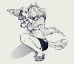  1girl ^_^ animal_ears bikini bikini_under_clothes bracelet breasts carrying_over_shoulder cleavage closed_eyes greyscale high_heels highres holding holding_water_gun horse_ears horse_girl horse_tail jacket jewelry mame_nabe_donko medium_breasts monochrome narita_top_road_(umamusume) one_knee open_clothes open_jacket open_mouth ring sandals short_shorts short_sleeves shorts smile solo swimsuit tail umamusume v-shaped_eyebrows water_gun wet wet_clothes wet_hair 