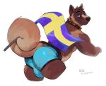  2022 absurd_res akita anthro artist_name bent_over big_bulge big_butt bulge butt canid canine canis character_name clothing collar darkgem domestic_dog english_text eyebrows flag fur hi_res looking_at_viewer male mammal simple_background smile solo spitz swedish_flag text tuft underwear white_background 