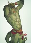 2022 abs anthro argonian balls bethesda_softworks biped blep bracelet digital_media_(artwork) feathers genitals green_body green_feathers green_scales hi_res horn humanoid_genitalia humanoid_penis jewelry looking_at_viewer male mikaemikae muscular muscular_anthro muscular_male navel non-mammal_navel pecs penis scales scalie scar simple_background smile smiling_at_viewer solo the_elder_scrolls tongue tongue_out video_games white_background 