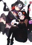  2girls :d :o animal_ears arm_up bangs bare_shoulders bear_ears bear_girl belt black_dress black_gloves black_hair black_leotard black_pantyhose black_thighhighs breasts chibi_kumamon_(kemono_friends) cleavage_cutout clothing_cutout commentary_request dress elbow_gloves flower fur-trimmed_dress fur-trimmed_gloves fur_trim gloves hair_ornament heart heart_hair_ornament highres higumamon_(kemono_friends) japari_symbol kemono_friends large_breasts leotard long_hair looking_at_viewer medium_breasts multicolored_hair multiple_girls open_mouth pantyhose red_eyes red_hair simple_background smile star_(symbol) star_hair_ornament tadano_magu thighhighs twitter_username white_background white_eyes white_hair 