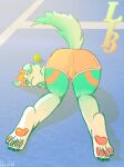  anthro ball bent_over bleu_(lolscarletxi) blush blush_lines bottomwear canid canine canis clothing domestic_dog floppy_ears hi_res kneeling light lolscarletxi male mammal paws raised_tail shorts solo sun sunlight tennis_ball tennis_court 