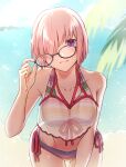  1girl beach bikini black-framed_eyewear blush breasts collarbone commentary_request day fate/grand_order fate_(series) glasses grin hair_over_one_eye highres holding holding_eyewear looking_at_viewer mash_kyrielight mash_kyrielight_(swimsuit_of_perpetual_summer_ver.02) medium_breasts one_eye_covered outdoors palm_tree pink_hair purple_eyes removing_eyewear sand see-through short_hair smile solo striped striped_bikini swimsuit teeth tp-sakura-k tree water 