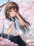  1girl absurdres bangs blue_eyes blue_sailor_collar blue_skirt blurry blurry_background blurry_foreground blush branch brown_hair cherry_blossoms closed_mouth cowboy_shot dalian_(wlals088) hand_on_ear hand_on_own_chest highres long_hair looking_at_viewer navel original pleated_skirt sailor_collar school_uniform serafuku shirt short_sleeves skirt smile solo standing straight_hair tree white_shirt 