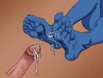  blue_body bodily_fluids brochion cum cum_on_feet cum_on_penis duo feet foot_fetish foot_focus genital_fluids genitals hi_res human humanoid humanoid_genitalia humanoid_penis mammal penis plantigrade 