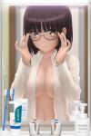  1girl bangs blush breasts brown_eyes brown_hair collared_shirt dress_shirt fujimiya_sumika_(isekai_ojisan) glasses highres isekai_ojisan large_breasts long_sleeves looking_at_viewer mirror navel open_clothes open_shirt reflection shirt short_hair siraha solo white_shirt 