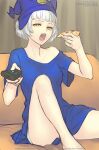  1girl artist_name breasts commentary controller couch elizabeth_(persona) food gofelem hat looking_at_viewer open_mouth persona persona_3 pizza remote_control short_hair solo yellow_eyes 