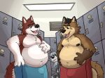  anthro belly black_nose brown_body brown_fur bulge canid canine canis claws digital_media_(artwork) fur group gym hi_res kroxy_(character) larger_male locker locker_room male male/male mammal matte_wolf nipples overweight overweight_male pecs procyonid raccoon rodraccoon shy size_difference tongue towel trio were werecanid werecanine werewolf wolf 