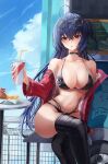  1girl absurdres ahoge azur_lane bangs bikini black_bikini black_choker black_hair black_thighhighs blue_sky breasts burger choker cleavage cloud collarbone crossed_bangs crossed_legs drink drinking_straw eyewear_on_head food french_fries hair_between_eyes highres holding holding_drink jacket large_breasts long_hair long_sleeves looking_at_viewer multi-strapped_bikini off_shoulder official_alternate_costume open_clothes open_jacket parted_lips red_eyes red_jacket revision sitting sky slime_nyang solo swimsuit table taihou_(azur_lane) taihou_(enraptured_companion)_(azur_lane) thighhighs thighs unzipped zipper_pull_tab 