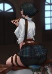  1girl ass belt bike_shorts black_hair blurry blurry_background desk devil_may_cry_(series) devil_may_cry_3 eating food highres lady_(devil_may_cry) looking_at_viewer looking_back mariezone on_desk open_mouth pizza pizza_slice short_hair sitting sitting_on_desk solo utility_belt 