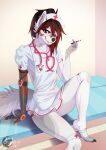  anthro arctic_fox canid canine clothing dancrescentwolf doctor doctor&#039;s_office flirting flirting_with_viewer fox fur hair headgear headwear hi_res inside male mammal medical_instrument metal_arm nurse nurse_clothing nurse_headwear nurse_uniform piercing red_eyes red_hair scientific_instrument sitting solo solo_focus teeth_visible uniform white_body white_fur 