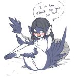  anthro avian bird birddi blue_body blue_eyes blue_feathers blush english_text feathers female genitals glacierclear hair hi_res legs_up paws presenting presenting_pussy pussy solo tail_tuft text tuft white_body white_feathers 