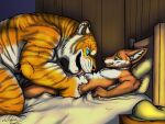  anthro bed canid canine felid foreplay fox furniture grabbing_sheets green_eyes kneeling licking licking_belly looking_at_another lying male male/male mammal muscular on_back pantherine slim stripes tiger tongue tongue_out vellum 