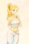  1girl bare_shoulders blonde_hair blue_eyes breasts choker chrono_trigger collarbone jewelry long_hair marle_(chrono_trigger) necklace ponytail see-through simple_background smile solo yugen99 