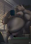  2022 anthro belly big_belly bulge canid canine clothing detailed_background eyes_closed eyewear glasses hi_res humanoid_hands inside kemono korokke male mammal mug nipples overweight overweight_male solo underwear 