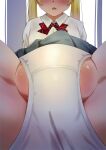  1boy blonde_hair blush bow bowtie bulge close-up clothes_lift collared_shirt crossdressing crotch crotch_seam foreshortening male_focus open_mouth original otoko_no_ko panties pleated_skirt red_bow red_bowtie school_uniform shirt skirt skirt_lift solo testicle_peek testicles underwear uniform wachiwo white_panties white_shirt 