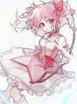  1girl absurdres bow_(weapon) chinese_commentary commentary_request dress frilled_socks frills gloves hair_ribbon highres hisakawa_sora holding holding_bow_(weapon) holding_weapon kaname_madoka mahou_shoujo_madoka_magica neck_ribbon open_mouth pink_dress pink_eyes pink_hair pink_ribbon puffy_short_sleeves puffy_sleeves red_ribbon ribbon short_sleeves simple_background socks solo soul_gem twintails weapon white_background white_gloves white_socks 