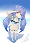  1girl arm_behind_back arm_up bare_shoulders barefoot blue_bow blue_hair blue_theme bow check_copyright closed_mouth copyright_request eyelashes frilled_swimsuit frills gradient gradient_hair highres kobayashi_gen long_hair looking_at_viewer multicolored_hair navel original purple_eyes signature solo standing swimsuit twintails 