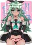  1girl absurdres bangs black_gloves black_ribbon black_serafuku bow bow_panties braid buttons commentary_request double-breasted elbow_gloves gloves green_eyes green_hair green_neckerchief hair_flaps hair_ornament highres kantai_collection kitahama_(siroimakeinu831) long_hair neckerchief one-hour_drawing_challenge panties parted_bangs pink_panties ribbon school_uniform serafuku side_braids solo translation_request twin_braids underwear white_background wrist_cuffs yamakaze_(kancolle) yamakaze_kai_ni_(kancolle) 