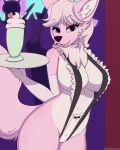  absurd_res anthro artmarshmallow camel_toe canid canine cervid clothed clothing female fox freckles fur hi_res hybrid looking_at_viewer mammal marshmallow_fluff_(character) milkshake neck_tuft nightclub pink_body pink_fur skimpy solo tuft yuio_maid_dress 
