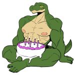  2022 5_toes abs anthro areola birthday birthday_cake cake ceehaz crocodile crocodilian crocodylid crossed_legs dessert feet food green_body green_scales helm_(connivingrat) hi_res looking_at_viewer male muscular muscular_male nude pecs reptile scales scalie simple_background sitting smile smirk solo toes white_background yellow_sclera 