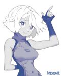  1girl arm_behind_back arm_up artist_name black_gloves blue_theme braid breasts bright_pupils character_request covered_navel fingerless_gloves french_braid gloves highres kooni looking_at_viewer medium_breasts monochrome original short_hair simple_background solo white_background white_hair white_pupils 