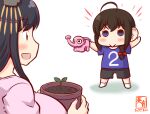  2girls black_hair blue_eyes braid casual flower_pot hair_ornament kanon_(kurogane_knights) kantai_collection long_hair multiple_girls one-hour_drawing_challenge plant red_eyes shigure_(kancolle) shorts watering_can yamashiro_(kancolle) younger 