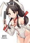  1girl adapted_costume animal_ears bare_legs black_hair brown_eyes cowboy_shot dated detached_collar detached_sleeves flat_chest folding_fan hand_fan high_ponytail highres kantai_collection long_hair multi-tied_hair nisshin_(kancolle) one-hour_drawing_challenge owa_(ishtail) playboy_bunny rabbit_ears red_ribbon ribbon short_eyebrows simple_background solo thick_eyebrows twitter_username very_long_hair white_background 