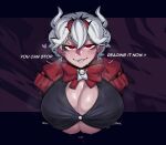  &lt;3 2022 beelzebub_(helltaker) big_breasts black_clothing bodily_fluids bow_tie breasts clothed clothing demon demon_humanoid dialogue ear_piercing english_text female hair helltaker hi_res horn humanoid krekk0v looking_at_viewer not_furry piercing red_clothing red_eyes short_hair smile solo sweat text white_hair 