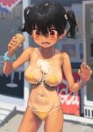  1girl bikini blue_scrunchie blurry blurry_background blush bracelet breasts commentary_request cowboy_shot fang food food_on_body food_on_breasts hair_between_eyes hair_ornament highres ice_cream ice_cream_cone ice_cream_cone_spill jewelry kaedeko_(kaedelic) large_breasts looking_down navel one-piece_tan open_mouth oppai_loli original outdoors red_eyes sasaki_kanna_(kaedeko) scrunchie short_hair signature solo standing star_(symbol) star_hair_ornament string_bikini surprised sweatdrop swimsuit tan tanlines thighs twintails wrist_scrunchie yellow_bikini 