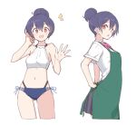  1girl :d apron ass_visible_through_thighs azu_ankoowl bangs bare_arms bare_shoulders bikini black_hair black_skirt blue_bikini blush breasts collarbone collared_shirt commentary_request green_apron groin hair_between_eyes hair_bun halter_top halterneck hands_up highres looking_at_viewer multiple_views navel notice_lines original pleated_skirt red_eyes shirt short_sleeves side-tie_bikini simple_background skirt small_breasts smile swimsuit white_background white_shirt 