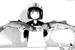  1girl animal apron bangs black_hair black_shirt blunt_bangs collared_shirt crosshatching fish greyscale hat hatching_(texture) highres holding holding_animal holding_fish knife looking_at_viewer monochrome original parted_lips shadow shirt short_hair short_sleeves solo tsunosame white_apron white_eyes 