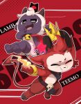  anthro bell bell_collar bottomwear bovid cape caprine clothing collar crown cult_of_the_lamb demon devil_teemo_(lol) duo fire fur hi_res horn lamb_(cult_of_the_lamb) loincloth male mammal red_body red_fur sheep short_stack smite1026 white_body white_fur white_wool wool_(fur) 