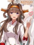  1girl absurdres ahoge alternate_costume brown_hair chef_uniform double_bun hair_bun hair_ornament hairband headgear highres jewelry kantai_collection kongou_(kancolle) long_hair looking_at_viewer purple_eyes ring roko_roko_(doradorazz) twitter_username white_background zoom_layer 