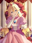  1girl absurdres blonde_hair blue_eyes crown dress earrings gloves hand_on_own_head highres jewelry lipgloss lipstick long_hair looking_at_viewer makeup nagi-negitoro pink_dress pink_lips princess_peach princess_peach&#039;s_castle solo toad_(mario) white_gloves 